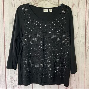 Zenergy by Chicos Women’s 2  L  Large Black 3/4 Long Sleeve Rhinestone Top